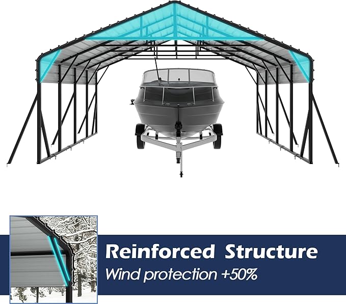 Xilingol Metal Carport, Heavy Duty Carport Canopy with Galvanized Steel Frame and Roof, Outdoor Storage Shed, Car Tent Garage Shelter for Pickup, Truck, Boat and Tractor, Grey (20x20 FT Black)