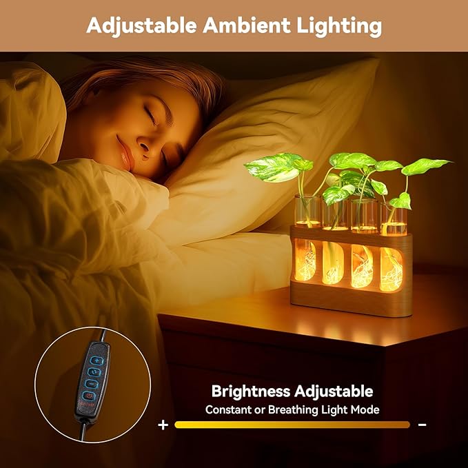 Plant Propagation Station with Wooden Stand, Gardening Gifts for Mom Women Plant Lovers, 9-Level Dimmable LED Light 4 Glass Test Tubes Vases for Hydroponic Plants - Desktop Terrarium for Home Decor