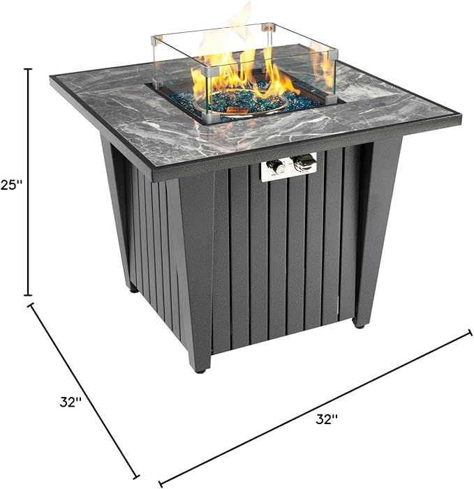 32'' Propane Fire Pit Table, Marble Tile Ceramic Tabletop with Glass Wind Guard, 50,000 BTU Fire Table with Inclined Leg and Art Powder Design, Blue Glass Rocks, Including Lid&Cover, Grey