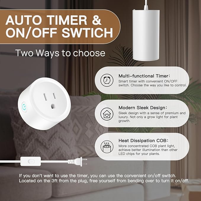 STERREN Pendant Grow Lights,30W Full Spectrum Plant Light with On/Off Switch, Auto Timer White Plug in Hanging Lights for Indoor Plants with 21 FT Height Adjustable Power Cord