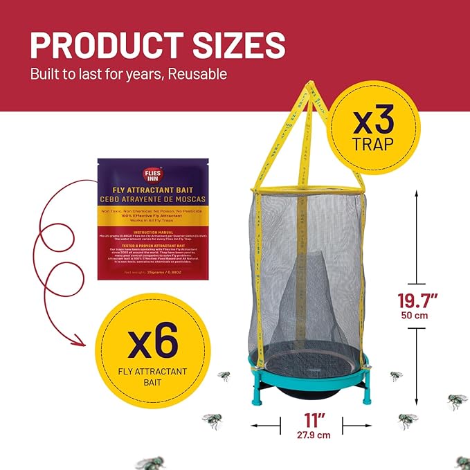 EZ Fly Cage Ranch Fly Trap with 2 Flies Inn Fly Attractant Bait Refill, Low Odor, Reusable, Built to Last for Years (3 Trap+ 6 Baits, 1)