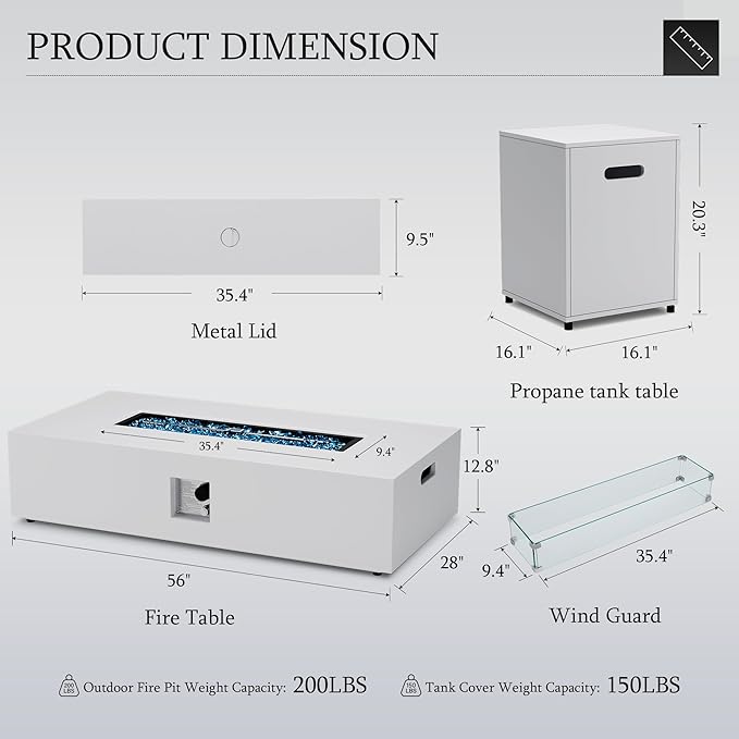UPHA 56-inch Outdoor Propane Gas Fire Pit Table 50000 BTU Iron Rectangle Firepit for Outside Patio with Tank Hidden Table, Wind Guard, Removable Lid, Blue Glass Rocks, Rain Cover, White