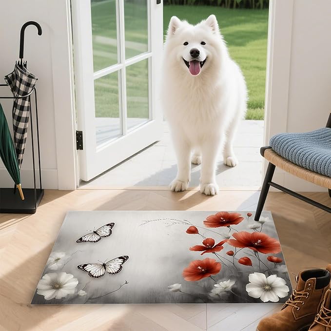 Red Poppy Flower Welcome Mat Indoor,Vintage Butterfly Floral Front Door Mat,Non-Slip Entryway Rug, Low Profile Felt Indoor Doormat for Back Door Porch Patio Entrance,30 x 17 Inch