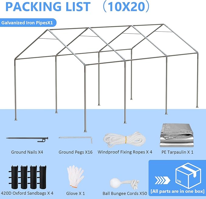 Carport 10x20 ft Heavy Duty with Roll-up Windows, Portable Garage with Removable Sidewalls & Doors, Car Canopy with Sandbags All-Season Tarp for Car Boat Truck Motorcycle