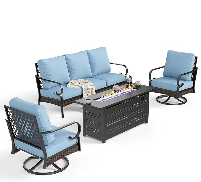 4 Piece Black Metal Outdoor Patio Furniture Sets with Firepit Table, Patio Conversation Sets 1 3-Seater Sofa, 2 Swivel Sofa with 5.75" Thick Cushion Backyard Furniture for Deck, Blue