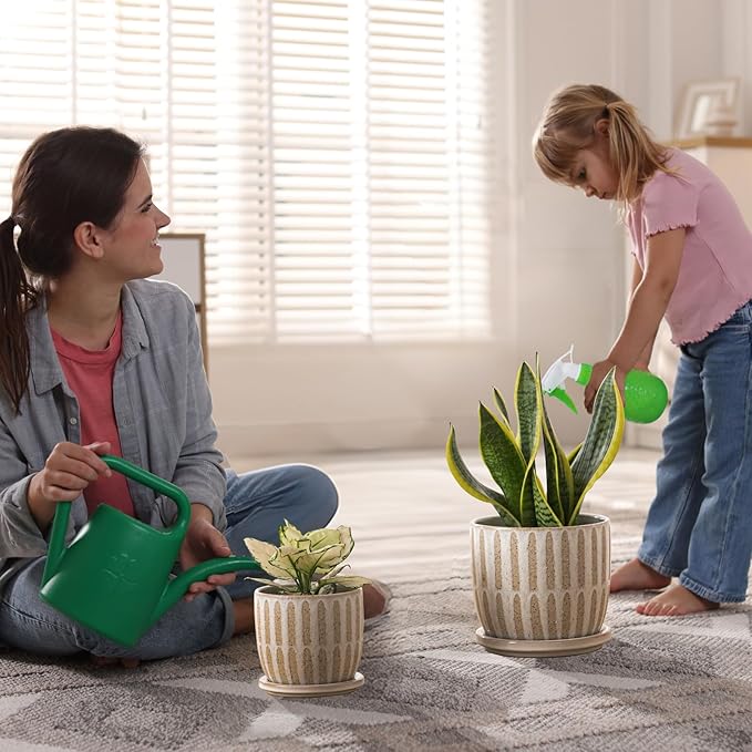 Ceramic Flower Pots Indoor-Outdoor: 5.75 Inch Planters with Drainage Holes & Saucer - Modern Decorative Plant Pots Ceramic for Home Gardeners (Striped)