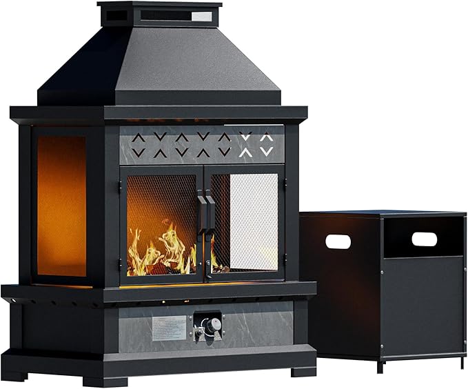 Outdoor Propane Fireplace w Tank Table, 50,000 BTU Gas Fire Pit with Ceramic Logs, Rain Cover, 35 Inch Steel Metal Smokeless Fireplace for Patio, Deck, CSA Certified (35 x 47 Inch)