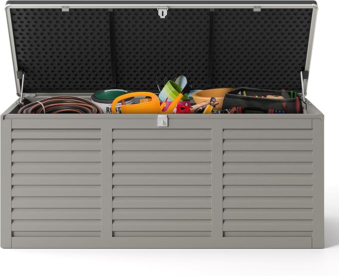 130 Gallon Outdoor Deck Box, Waterproof Resin Box with Lockable Lid, UV-Resistant for Cushions, Garden Tools & Pool Accessories (GRAY), Patio Furniture