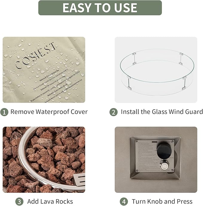 COSIEST Outdoor Propane Fire Pit Coffee Table w Gray 42 inch Round Base Patio Heater, CSA Certified, 50,000 BTU Stainless Steel Burner, Wind Guard, Tank Outside, Free Lava Rocks, Waterproof Cover