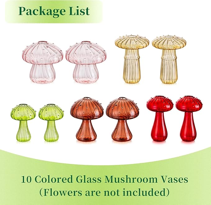 Mushroom Jars for Plants, Hewory 10pcs Colored Glass Mushroom Bud Vase for Flower, Unique Plant Propagation Stations Propagating Vases Decor, Mini Cute Hydroponic Terrarium Planter for Indoor Planters