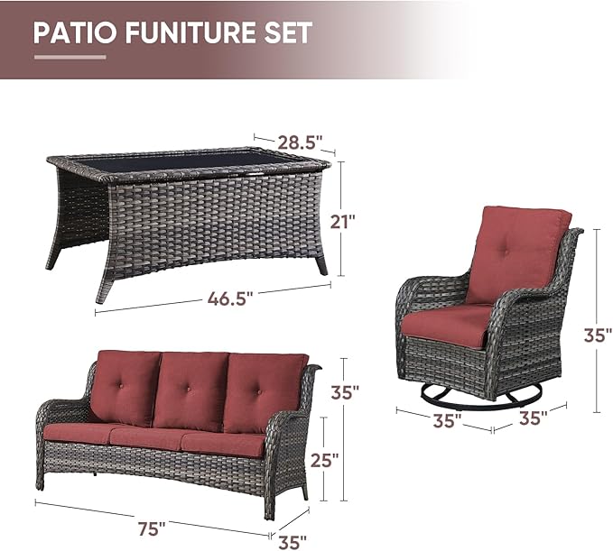 Patio Furniture 4 Piece Set, All-Weather PE Wicker Outdoor Set with Coffee Table, Swivel Rocker Chairs and Sofa, Grey/Green