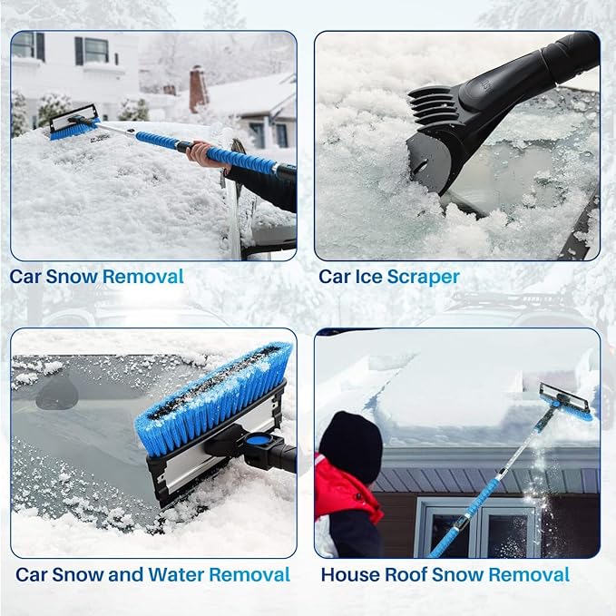 AstroAI 62.4" Ice Scrapers for Car Windshield, 3 in 1 Sturdy Snow Brush with Squeegee, 10 Adjustable Length Settings, Extendable Aluminum Handle, 180° Pivoting Snow Brush for Car, Truck, SUV(Blue)