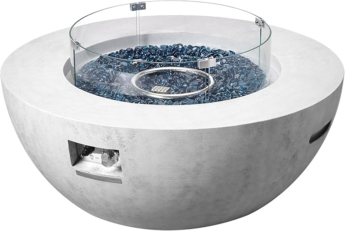 VEVOR Propane Fire Pit, Outdoor Concrete Gas Fire Pit, 39 in Tabletop with Lava Rocks, Lid,Rain Cover,Adjust Flame Height Camping Firepit for Heating, Lighting, 50000 BTU
