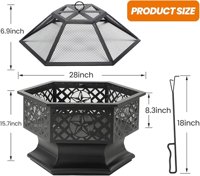 28 Inch Hexagonal Fire Pit,Wood Burning Firepits for Outside with Spark Screen&Poker,Metal Hex-Shaped Outdoor Fire Pit for Outside,Backyard,Bonfire,Patio,Garden,Picnic and Camping(Black)