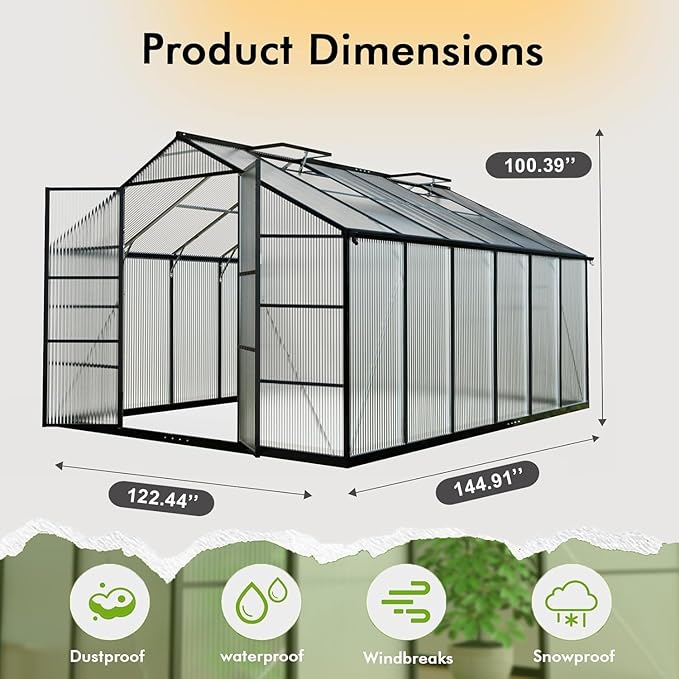 10×12FT Greenhouse for Outdoors, Large Walk in Greenhouse Kit and Winter Garden Planting, Enhanced Aluminum Green Houses for Outside Withstands Strong Wind or Snow to Protect Vegetables or Plants