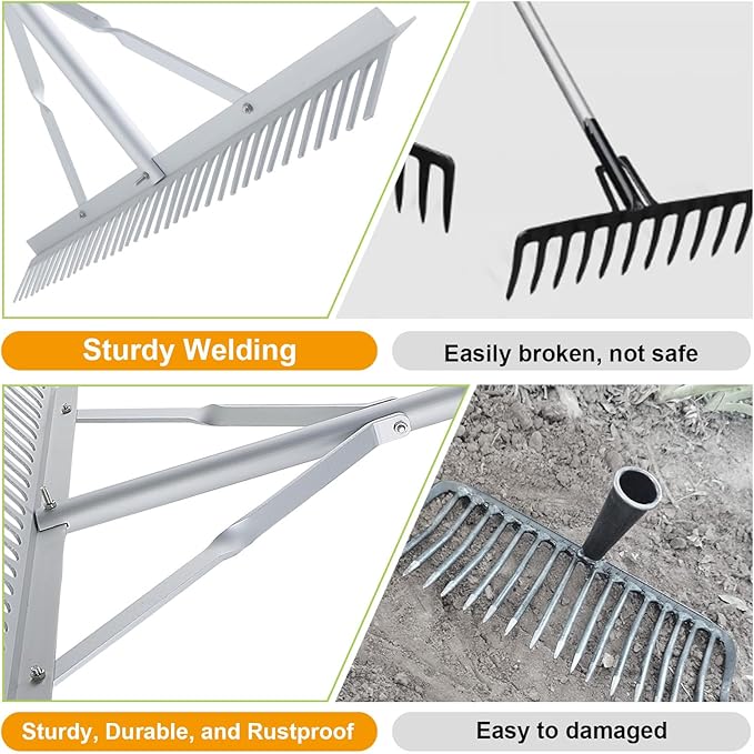 36 Inch Aluminum Landscape Rake, Garden Rake, Heavy Duty Rakes for Lawns, Metal Rake for Gardening, Loosening Soil, Lawn Care, Lake and Beach