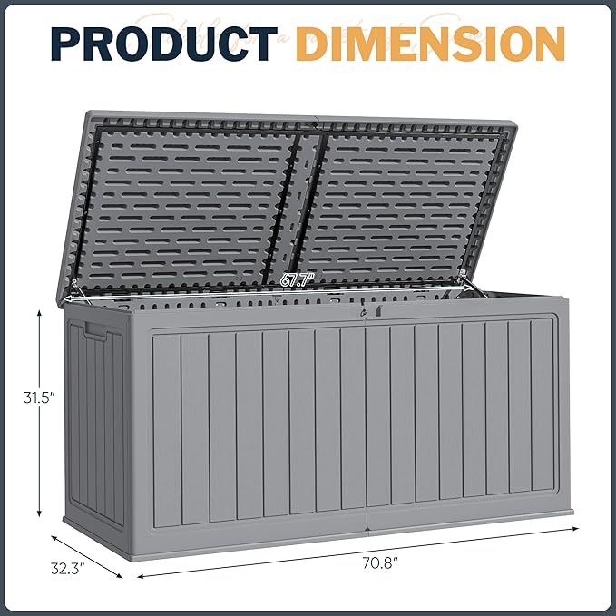 Greesum 260 Gallon HDPE Outdoor Storage Box - Waterproof, Large Capacity Deck Box with Removable Dividers for Patio, Yard, Garden Tools, Light Grey