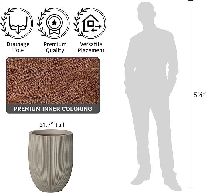 Kante Round Fluted Concrete Planter, 16.9-Inch Dia Barrel-Style Pot with Drainage Hole, Weathered Finish with Warm Brown Interior, 13.7" Opening, for Indoor and Outdoor Use