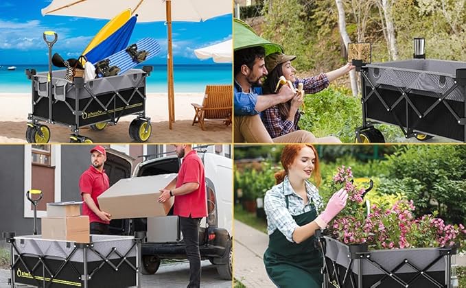 Collapsible Extended Wagon with Big All-Terrain Wheels 350LB& Oversized Outdoor Heavy Duty Utility Garden Cart Foldable Large Beach Wagon for Sand Fishing Camping Portable Grocery Pull Cart