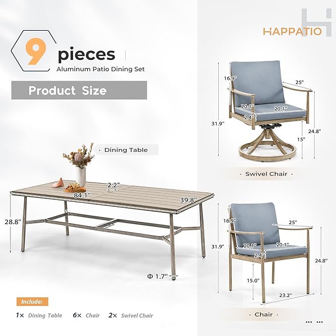 HAPPATIO 9-Piece Patio Table and Chairs Set for 8, Aluminum Outdoor Dining Set with Cushions, 6 Dining Chairs and 2 Swivel Chairs, 1 Large Rectangular Table with Umbrella Hole, Brown