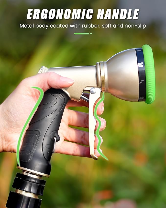 RAINPOINT Garden Hose Nozzle, Heavy Duty Metal Water Hose Sprayer Nozzle with 9 Adjustable Spray Patterns, High Pressure Hand Sprayer for Watering Plants, Lawns, Car and Pet Washing (2Pack, Green)