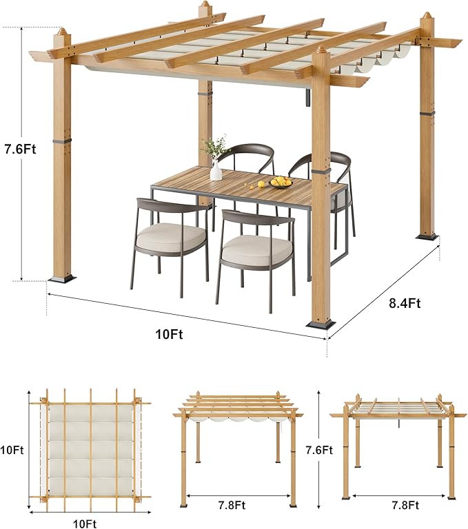 10x10 Ft Outdoor Retractable Pergola with Adjustable Roof Modern Metal Patio Gazebo, Upgraded Faux Wood Grain Aluminum Pergola for Deck, Backyard Gardens, Porches, Grapevines, Beige