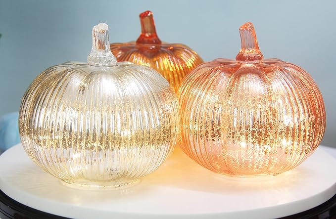 Mercury Glass Pumpkin Lights with Timer, Battery Operated Led Pumpkin Lights for Halloween Fall,Thanksgiving Rustic Decor (Silver Fine-Striped, 6")