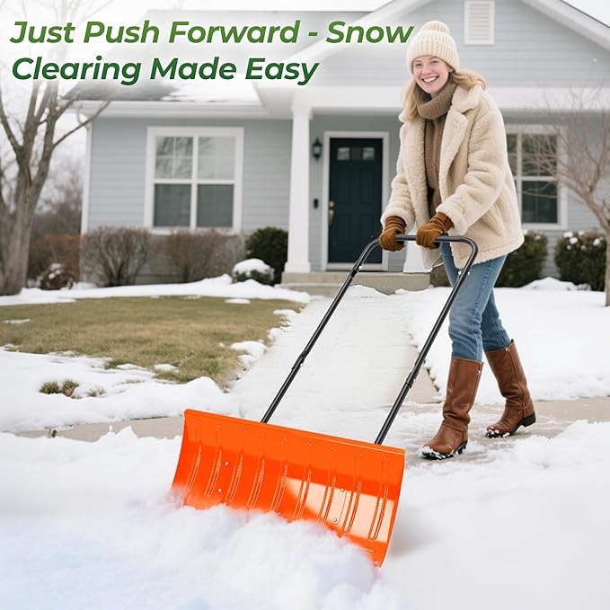 Walensee 30in Metal Snow Shovel for Driveway with Wheels, Snow Pusher Large Blade for Sidewalk Efficient Snow Removal, U-Shaped Handle, Heavy Duty Snow Shovels, Back Saver Snow Plow for Deck