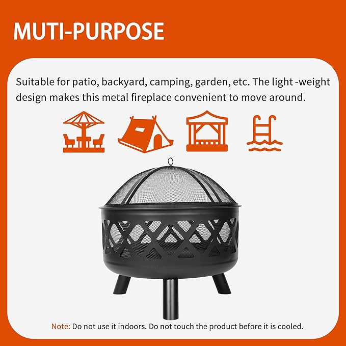 Red Mountain Valley 24'' Outdoor Wood Burning Fire Pit with Spark Screen, Fire Poker, Cover, 2-in-1 Functionality Cross-Woven Steel Fire Pits for Outside, Outdoor Fireplace for Camping,Patio,Backyard
