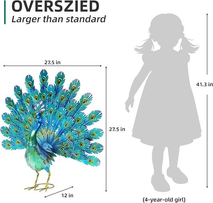 Autodaya 27.5" Tall Metal Peacock Garden Statue - Handmade, 3D Textured, Tail Spread Sculptures for Patio, Garden or Entryway.