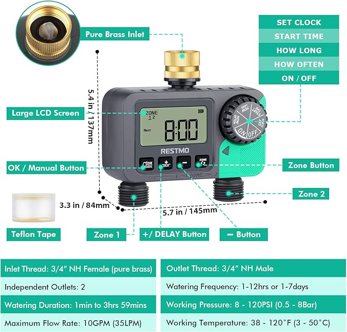 RESTMO Water Timer for Garden Hose, Sprinkler Timer with Brass Inlet, Automatic Digital Control | Manual ON/Off | Rain Delay, for Outdoor Faucet, Drip Irrigation and Lawn, 2 Outlet