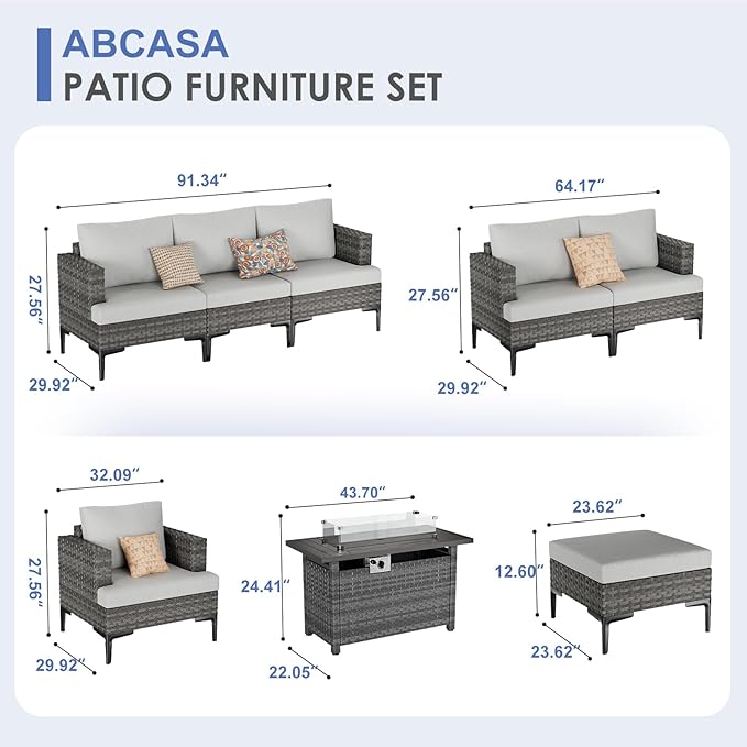 10 Pieces Patio Sectional Furniture Set with 44" Propane Fire Pit Table, 60000BTU Wicker Outdoor Sectional Coversation Set, Thick Cushion Deep Seat, Outdoor Furniture for Porch,Backyard,Deck (Grey)