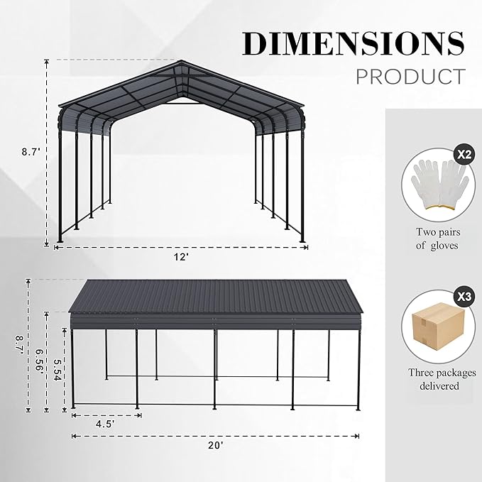 12x20x8.7 FT Carport with Galvanized Steel Roof, Heavy Duty Metal Carport Canopy, Car Shelter Garage for Pickup, Boat, Car and Tractors, Grey
