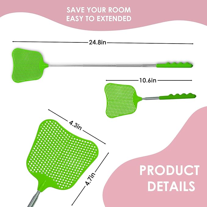 Wapodeai 3 pcs Fly Swatter, Fly Swatters Plastic Telescopic, Large Bug Swatter That Work for Indoor and Outdoor. (3 Green)