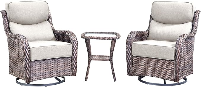 Luxury High Back Outdoor Swivel Rocker Patio Chairs with Side Table & 6-Inch Thick Cushions, 3 Pieces Patio Furniture Set for Porch, Balcony, Deck and Yard