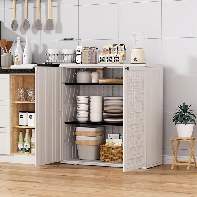 ZZM HDPE Outdoor Storage Shed, Outdoor Plastic Storage Cabinet, Horizontal Resin Tool Shed for Garden, All Weather Outdoor Storage Clearance, DIY Usage, with one Shelf (White)