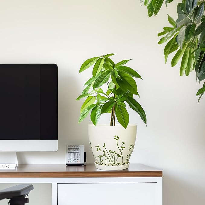 Ceramic Plant Pot 6.8 Inch - Indoor Flower Pot with Drainage Hole and Saucer, Decorative Boho Round Outdoor Indoor Planter, Plant Lover Gifts, Office Home Garden House Decor, White