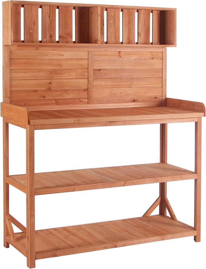 Large Wooden Farmhouse Rustic Outdoor Potting Bench Table, Patio Workstation, Garden Potting Bench with 4 Storage Shelves and Side Hook Lower Storage Shelf for Patio, Deck, Porch (Natural, 65inch)