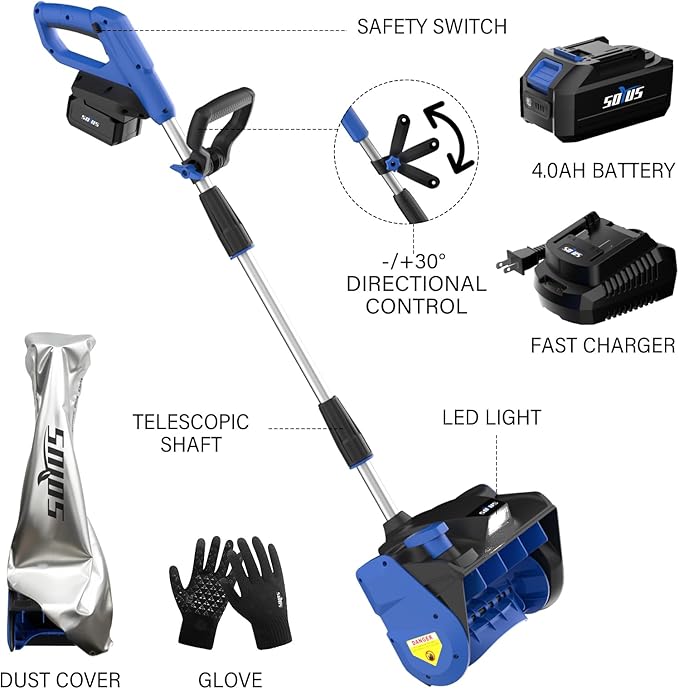 Cordless Snow Shovel, 20V 12-Inch Electric Snow Blower, Electric Snow Shovel with Directional Plate and LED Light, Snow Blowers for Driveways, Sidewalks(1x4.0Ah Battery, Charger and Cover Included)