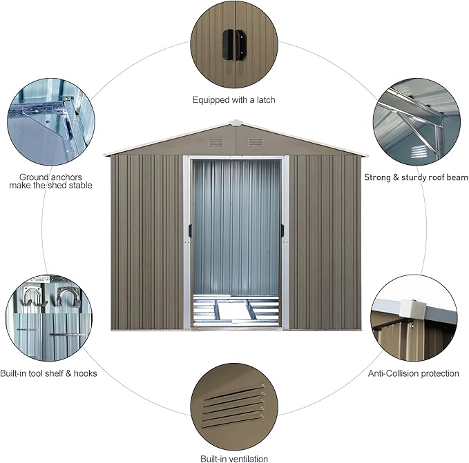 10×8FT Outdoor Metal Storage Shed Large Garden Sheds with Floor Base & Window,Sliding Doors and Padlock for Garden,Backyard,Lawn,Easy to Assemble,Grey