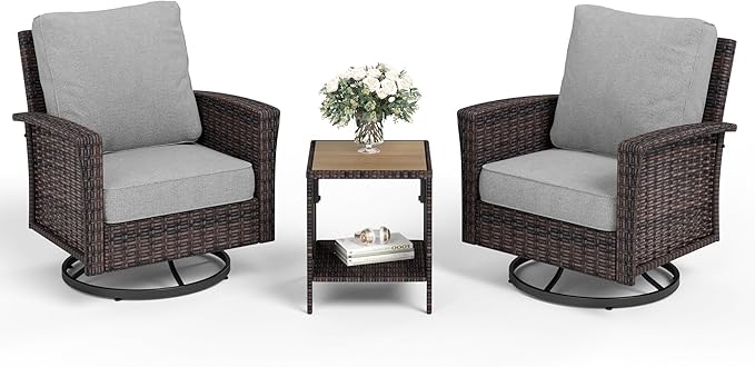 3 Piece Patio Furniture Set, Rattan Wicker Swivel Chairs Set of 2 with Side Table, 35" High Back Outdoor Conversation Set with Thick Cushions for Bistro Porch Poolside, Grey