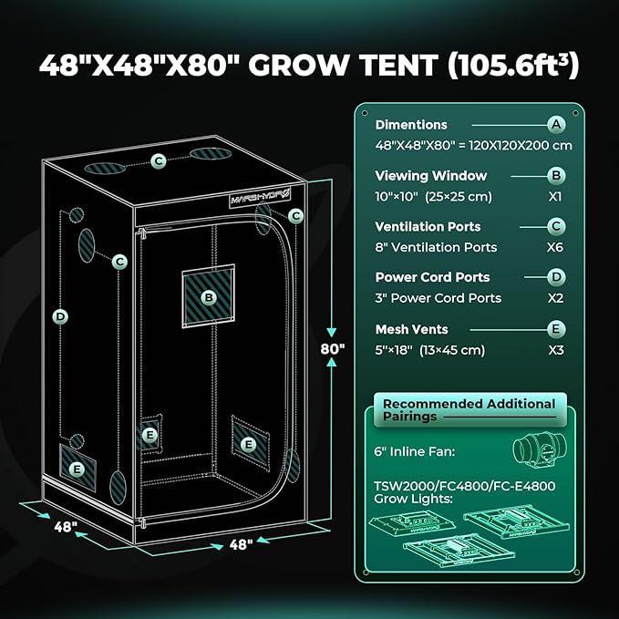 MARS HYDRO 4x4 Advanced Grow Tent, 48"x48"x80" High Reflective Mylar 1680D for Hydroponics Indoor Plant Growing, with Observation Window,Floor Tray and Smooth Zipper for TSW2000/FC4800/FC-E4800