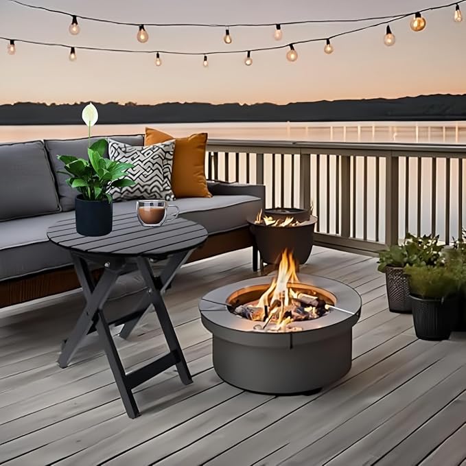 Outdoor Patio Side Table Round Small Wood End Table Folding Coffee Furniture for Living Room, Bedroom, Plant Stand, Camping Portable Black