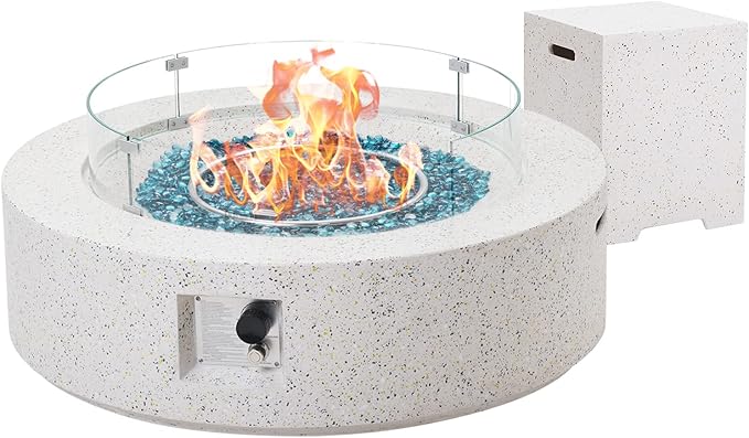 NAGA HABNA 41 Inch Propane Fire Pit Table, Rectangle Outdoor Fire Table w Tank Table (50,000 BTU), 3 Piece Gas Fire Pit w Glass Wind Guard and Blue Fire Glass for Garden, Pool, Backyard