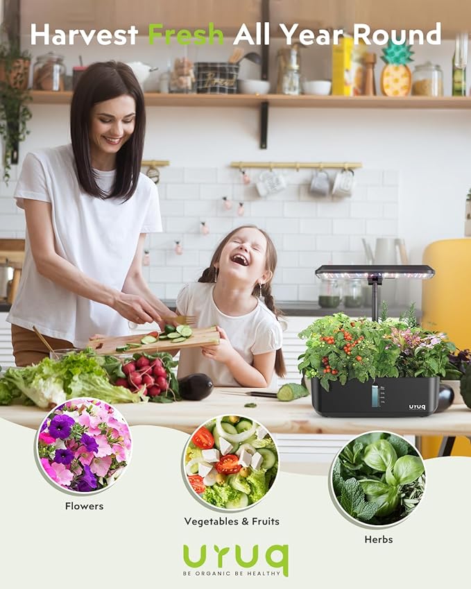 Hydroponics Growing System Indoor Garden 12 Pods Indoor Gardening System with LED Grow Light Height Adjustable Plants Germination Kit Quiet Smart Pump - Hydroponic Planter Fresh Harvest Black