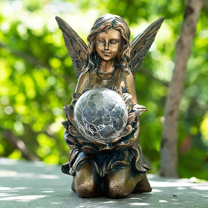 Garden Statues Outdoor Flower Fairy Decor,Solar Powered Outdoor Resin Statues-Patio Lawn Yard Porch, Funny Fairies Ornaments Figurines for Outside Garden Gifts,8.31 Inches Tall
