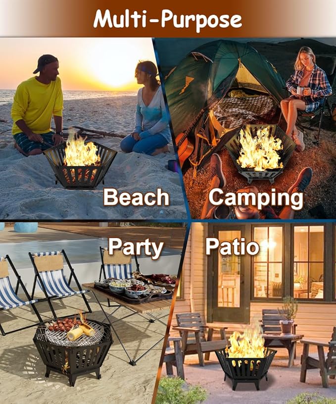 22.5 Inch Portable Plug Fire Pit for Camping, Detachable Outdoor Wood Burning Firepit with Carrying Bag for Outside Patio Heating, Picnic, Bonfire and BBQ, Vertical Hollow Style