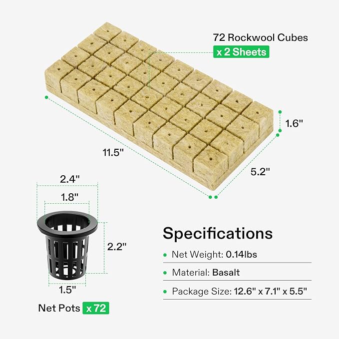 VIVOSUN 72 Rockwool Cubes & Net Pots Set for Hydroponics, 1.2” x 1.2” x 1.6” Cubes, 72 Plugs & 72 2” Net Cups for Hydroponic Growing, Seed-Starting, Cloning, Tower Gardens