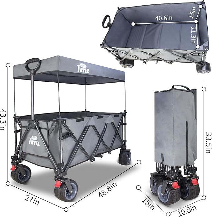 TMZ Collapsible Wagon 445L Extra Large Outdoor Utility Cart, Heavy Duty Carts Foldable with All-Terrain Big Wheels, Canopy and Brakes, Utility Beach Wagon for Outdoor Garden (Gray)