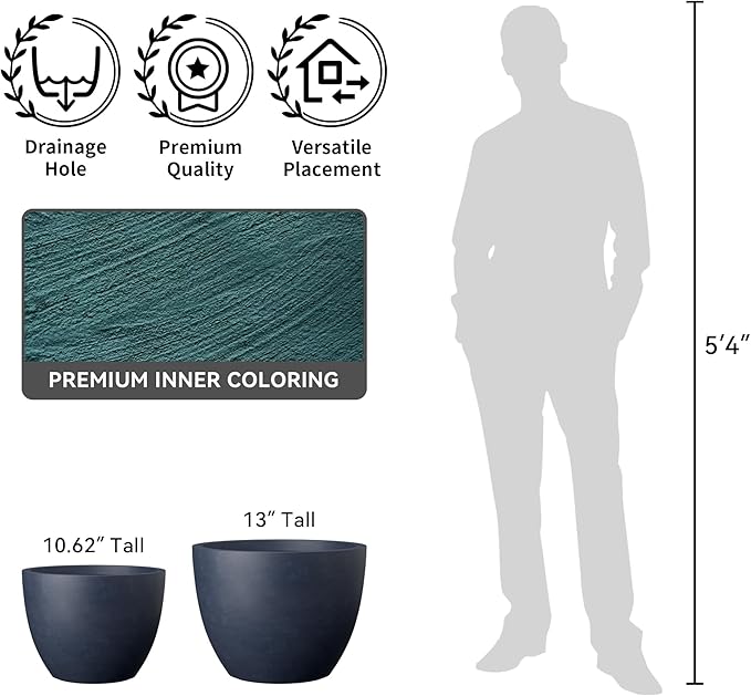 Kante 17.3 Inch Round Concrete Planter - Classic Large Indoor/Outdoor Plant Pot with Drainage Hole and Rubber Plug, Suitable for Gardens and Patios, Charcoal Finish with Forest Green Interior